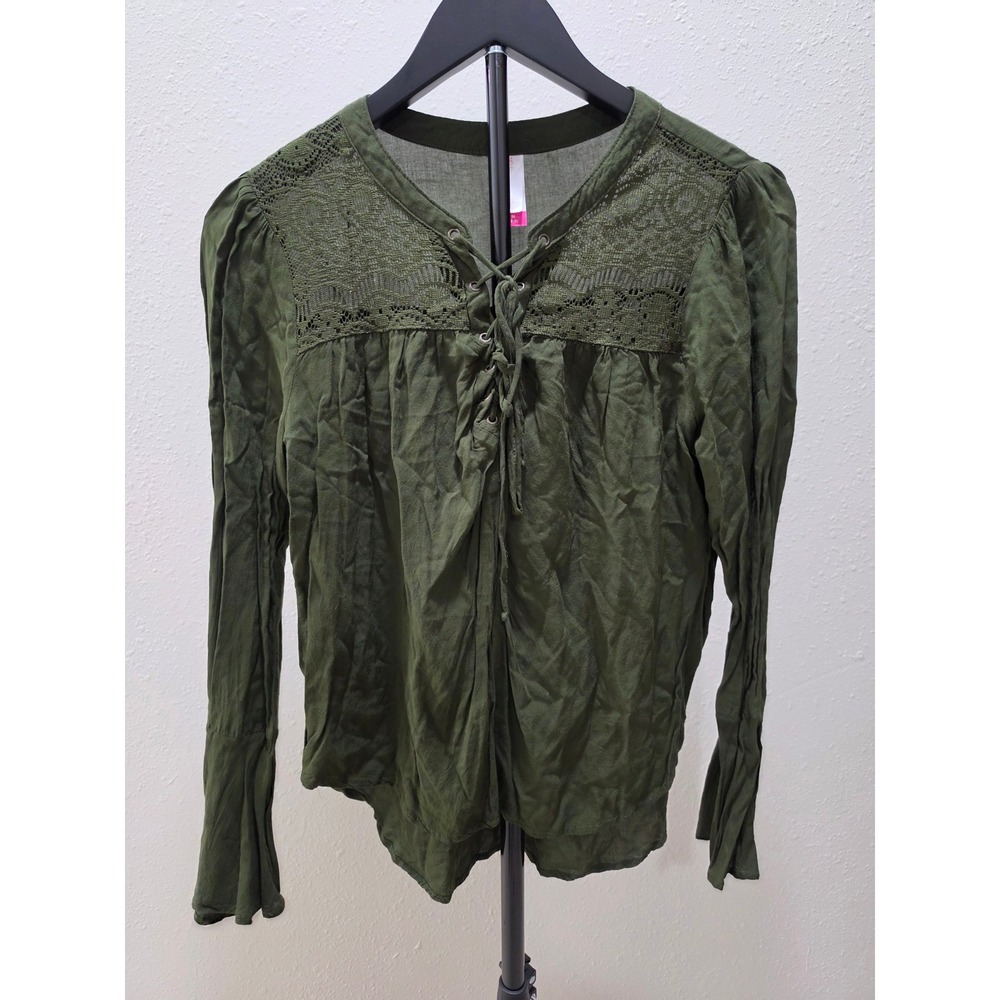 No Boundaries Olive Green Lace Up Boho Blouse Crochet Yoke Long Sleeve M 7-9